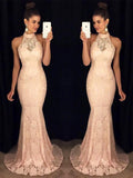 Trumpet/Mermaid High Neck Sleeveless Sweep/Brush Train Lace Prom Formal Dresses with Ruffles