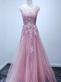 A-Line/Princess Scoop Tulle Sleeveless Sweep/Brush Train Prom Formal Dresses with Applique