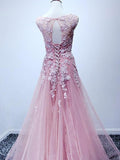A-Line/Princess Scoop Tulle Sleeveless Sweep/Brush Train Prom Formal Dresses with Applique