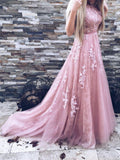 A-Line/Princess Scoop Tulle Sleeveless Sweep/Brush Train Prom Formal Dresses with Applique
