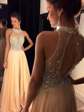 A-Line/Princess High Neck Sleeveless Chiffon Sweep/Brush Train Prom Dresses with Crystal