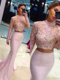 Trumpet/Mermaid High Neck Satin Sweep/Brush Train Long Sleeves Two Piece Dresses with Lace