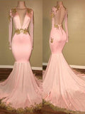 Trumpet/Mermaid V-Neck Sweep/Brush Train Long Sleeves Prom Evening Dresses with Applique