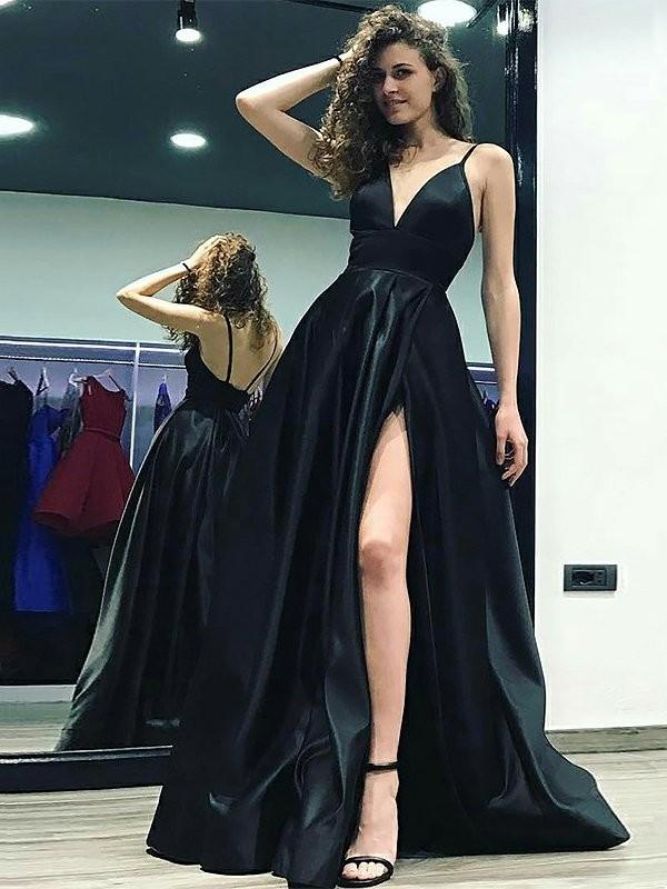 A-Line/Princess V-neck Sleeveless Floor Length Satin Prom Evening Dress with Ruffles Dessiny A-Line/Princess V-neck Sleeveless Floor Length Satin Prom Evening Dress with Ruffles Dessiny