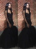 Trumpet/Mermaid Sweetheart Sleeveless Tulle Long Prom Evening Dresses with Beading