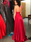 A-Line/Princess Halter Satin Sleeveless Sweep/Brush Train Prom Evening Dresses
