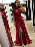 A-Line/Princess Halter Satin Sleeveless Sweep/Brush Train Prom Evening Dresses