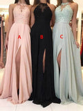 A-Line/Princess Halter Sweep/Brush Train Chiffon Sleeveless Prom Evening Dresses with Slit