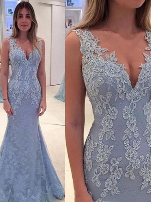 Trumpet/Mermaid V-neck Sweep/Brush Train Lace Sleeveless Prom Evening Dresses with Applique