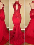 Trumpet/Mermaid Halter Sweep/Brush Train Satin Sleeveless Backless Prom Dresses with Applique