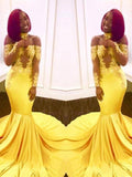 Trumpet/Mermaid Off-the-Shoulder Sweep/Brush Train Satin Long Sleeves Dresses with Applique