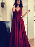 A-Line/Princess V-neck Sweep/Brush Train Satin Sleeveless Prom Evening Dresses with Applique