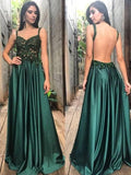 A-Line/Princess Straps Floor-Length Satin Sleeveless Backless Prom Dresses with Applique