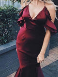 Trumpet/Mermaid Spaghetti Straps Floor-Length Satin Short Sleeves Prom Evening Dresses with Slit