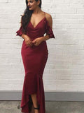 Trumpet/Mermaid Spaghetti Straps Floor-Length Satin Short Sleeves Prom Evening Dresses with Slit