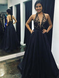 A-Line/Princess V-neck Sweep/Brush Train Satin Sleeveless Prom Evening Dresses with Applique