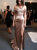 Sheath/Column Off-the-Shoulder Sweep/Brush Train Satin Short Sleeves Prom Evening Dresses with Slit
