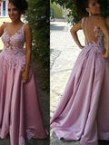 A-Line/Princess Sheer Neck Sweep/Brush Train Satin Sleeveless Prom Evening Dresses with Applique