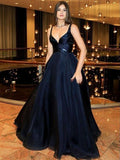 A-Line/Princess Straps Sweep/Brush Train Tulle Sleeveless Prom Evening Dresses with Ruffles