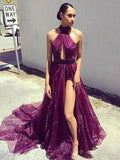 A-Line/Princess Halter Sweep/Brush Train Organza Sleeveless Prom Evening Dresses with Slit