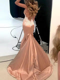 Trumpet/Mermaid Straps Sweep/Brush Train Satin Sleeveless Backless Prom Evening Dresses with Applique