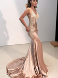 Trumpet/Mermaid Straps Sweep/Brush Train Satin Sleeveless Backless Prom Evening Dresses with Applique