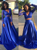 A-Line/Princess V-neck Sweep/Brush Train Satin Long Sleeves Two Piece Dresses with Lace