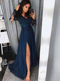 A-Line/Princess V-neck Sweep/Brush Train Satin Chiffon Long Sleeves Prom Evening Dresses with Slit