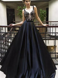 A-Line/Princess Sheer Neck Sweep/Brush Train Satin Sleeveless Prom Evening Dresses with Applique