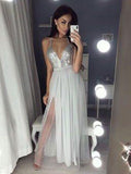 A-Line/Princess V-neck Floor-Length Chiffon Sleeveless Backless Prom Evening Dresses with Slit