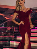 Trumpet/Mermaid V-neck Sweep/Brush Train Velvet Short Sleeves Prom Evening Formal Dresses with Slit