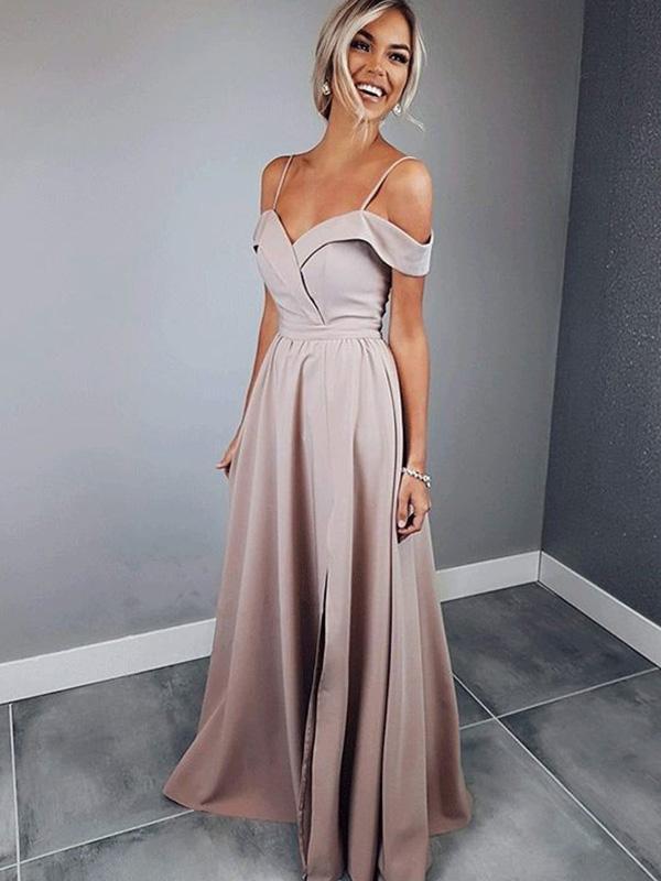A-Line/Princess Spaghetti Straps Floor-Length Satin Short Sleeves Prom Evening Dresses with Ruffles