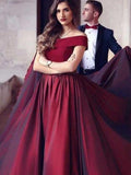A-Line/Princess Off-the-Shoulder Sweep/Brush Train Satin Sleeveless Prom Evening Dresses with Ruffles