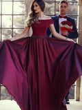 A-Line/Princess Off-the-Shoulder Sweep/Brush Train Satin Sleeveless Prom Evening Dresses with Ruffles