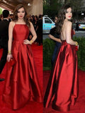 A-Line/Princess Spaghetti Straps Sweep/Brush Train Satin Sleeveless Prom Evening Dresses with Ruffles