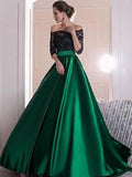 A-Line/Princess Off-the-Shoulder Sweep/Brush Train Satin 3/4 Sleeves Prom Evening Dresses with Ruffles
