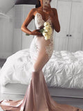 Trumpet/Mermaid V-neck Sweep/Brush Train Satin Sleeveless Prom Evening Dresses with Applique