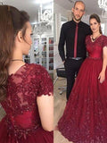 A-Line/Princess V-neck Sweep/Brush Train Tulle Short Sleeves Prom Evening Dresses with Applique
