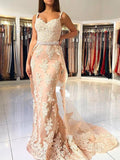 Trumpet/Mermaid Straps Sweep/Brush Train Tulle Prom Evening Dresses with Lace