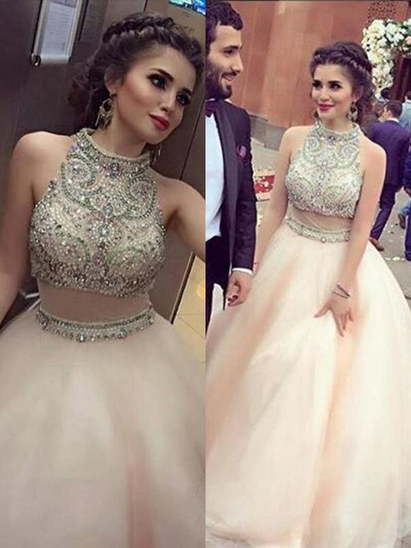 A-Line/Princess Hign Neck Long Tulle Two Piece Prom Dresses with Crystal