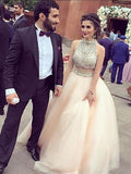 A-Line/Princess Hign Neck Long Tulle Two Piece Prom Dresses with Crystal