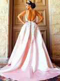 Ball Gown Spaghetti Straps Sweep/Brush Train Satin Prom Evening Dresses with Applique