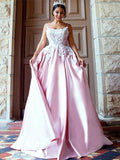 Ball Gown Spaghetti Straps Sweep/Brush Train Satin Prom Evening Dresses with Applique