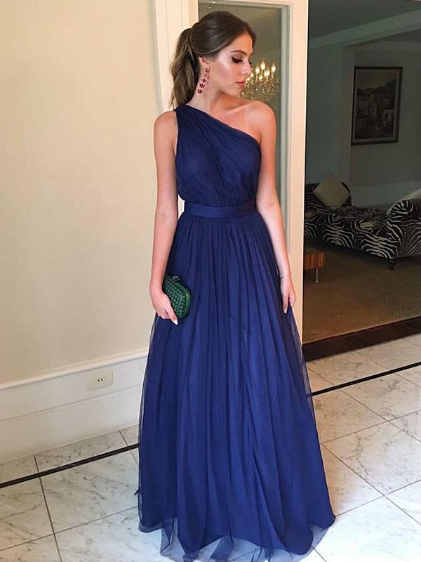 A-Line/Princess One-Shoulder Long Tulle Bridesmaid Dresses with Ruffle Dessiny A-Line/Princess One-Shoulder Long Tulle Bridesmaid Dresses with Ruffle Dessiny