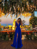 A-Line/Princess V-neck Sweep/Brush Train Satin Ruffles Prom Evening Dresses with Split