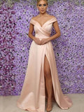 A-Line/Princess V-neck Long Satin Ruffles Prom Evening Dresses with Split