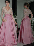 A-Line/Princess V-neck Long Satin Long Sleeves Prom Evening Dresses with Lace