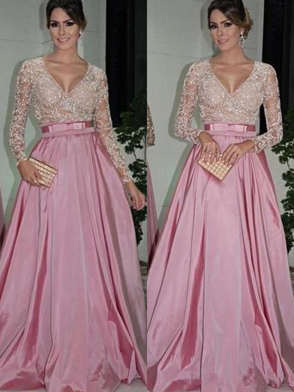 A-Line/Princess V-neck Long Satin Long Sleeves Prom Evening Dresses with Lace