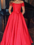 A-Line/Princess Off-the-Shoulder Long Satin Prom Formal Dresses with Ruffles