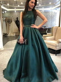 A-Line/Princess Bateau Sweep/Brush Train Satin Prom Evening Dresses with Beading